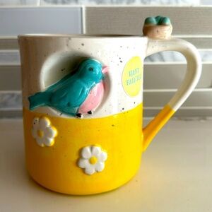 26 oz hand painted white and yellow song bird 3-D ceramic mug